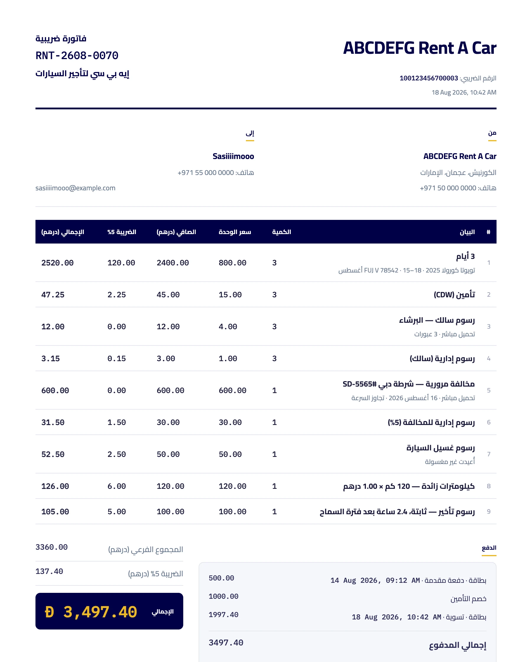 فاتورة ضريبية · مرقّمة، ضريبة 5%، إجماليات حتى الفلس، قابلة للتحقق برمز QR